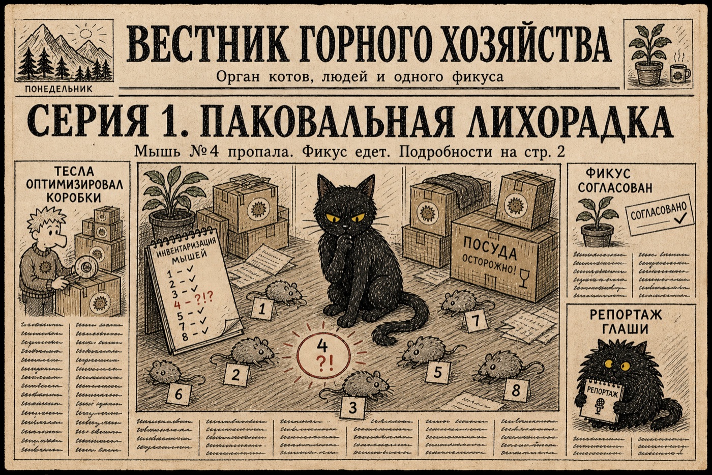 Первая полоса «Вестника горного хозяйства»: чёрный кот сидит среди коробок и пронумерованных мышей, заголовок «Серия 1. Паковальная лихорадка», анонс «Мышь №4 пропала. Фикус едет».