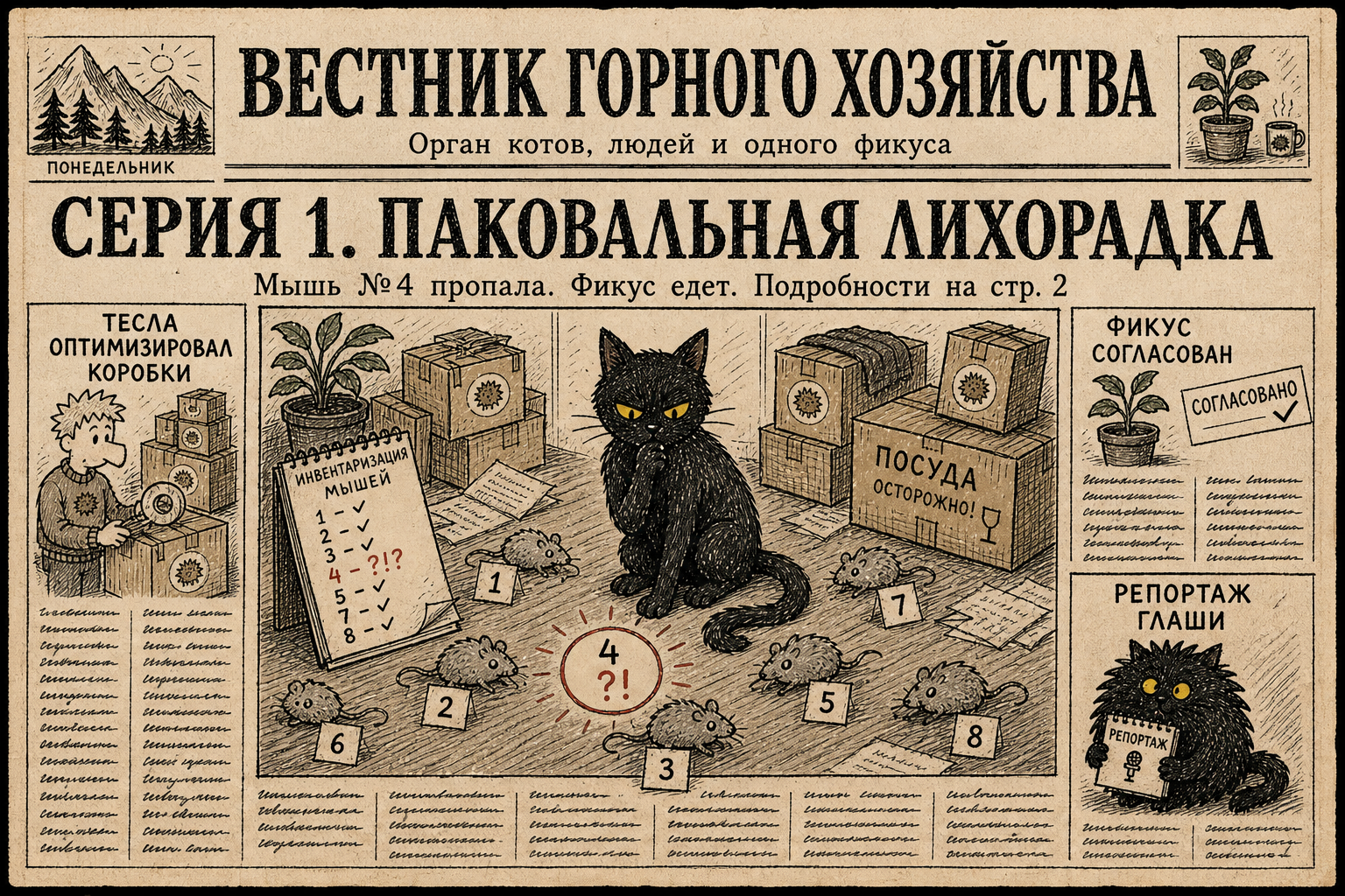 Первая полоса «Вестника горного хозяйства»: чёрный кот сидит среди коробок и пронумерованных мышей, заголовок «Серия 1. Паковальная лихорадка», анонс «Мышь №4 пропала. Фикус едет».