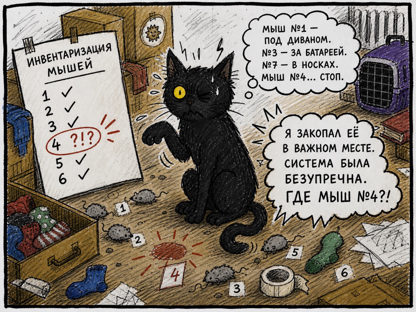 Чёрный кот ведёт «Инвентаризацию мышей», против пункта №4 стоит «?!?»; кот недоумевает, где же мышь №4.