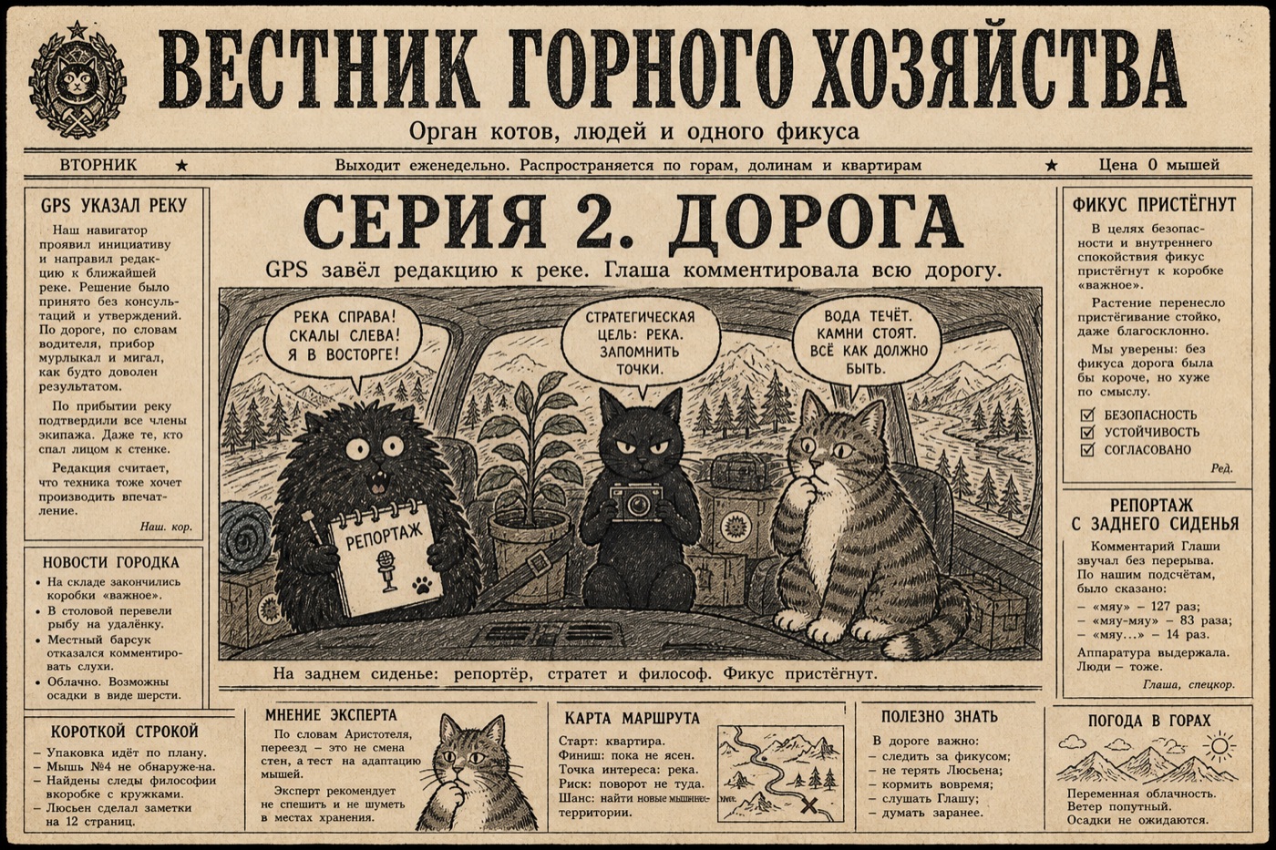 Первая полоса «Вестника горного хозяйства»: коты на заднем сидении машины у реки, заголовок «Серия 2. Дорога», подпись «На заднем сидении: репортёр, стратег и философ. Фикус пристёгнут».