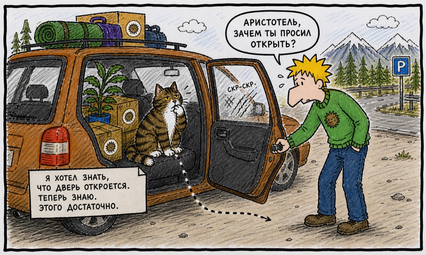 Рыжий кот Аристотель сидит в открытом багажнике на стоянке; парень спрашивает, зачем тот просил открыть дверь. Кот: «Я хотел знать, что дверь откроется. Теперь знаю. Этого достаточно».