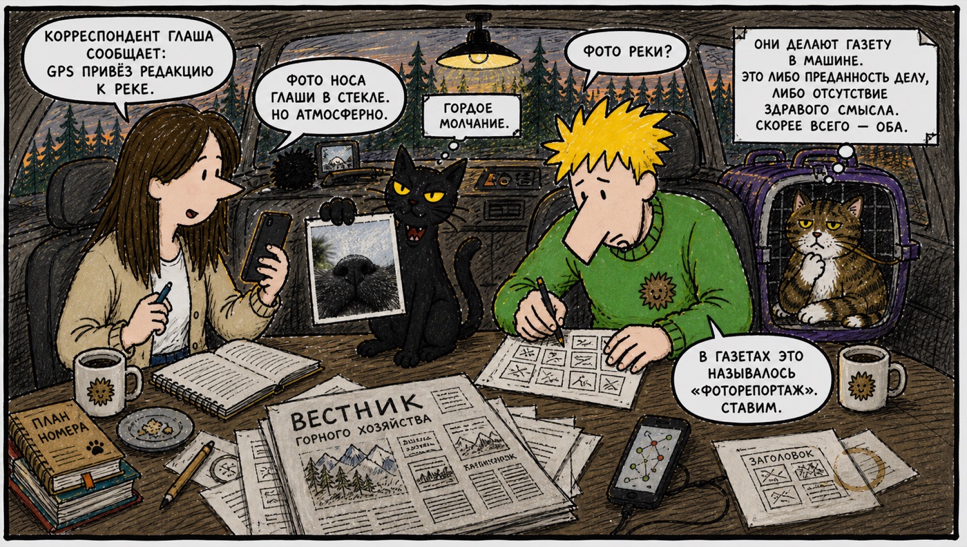 Редакция «Вестника» прямо в машине: девушка показывает фото носа Глаши в стекле, парень верстает газету среди блокнотов и карт; реплика «В газетах это называлось „фоторепортаж“. Ставим».