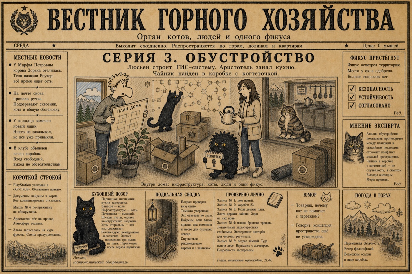 Первая полоса «Вестника горного хозяйства»: заголовок «Серия 3. Обустройство», анонс «Люсьен строит ГИС-систему. Аристотель занял кухню. Чайник найден в коробке с когтеточкой»; вокруг — колонки местных новостей, кухонный дозор и прогноз погоды в горах.