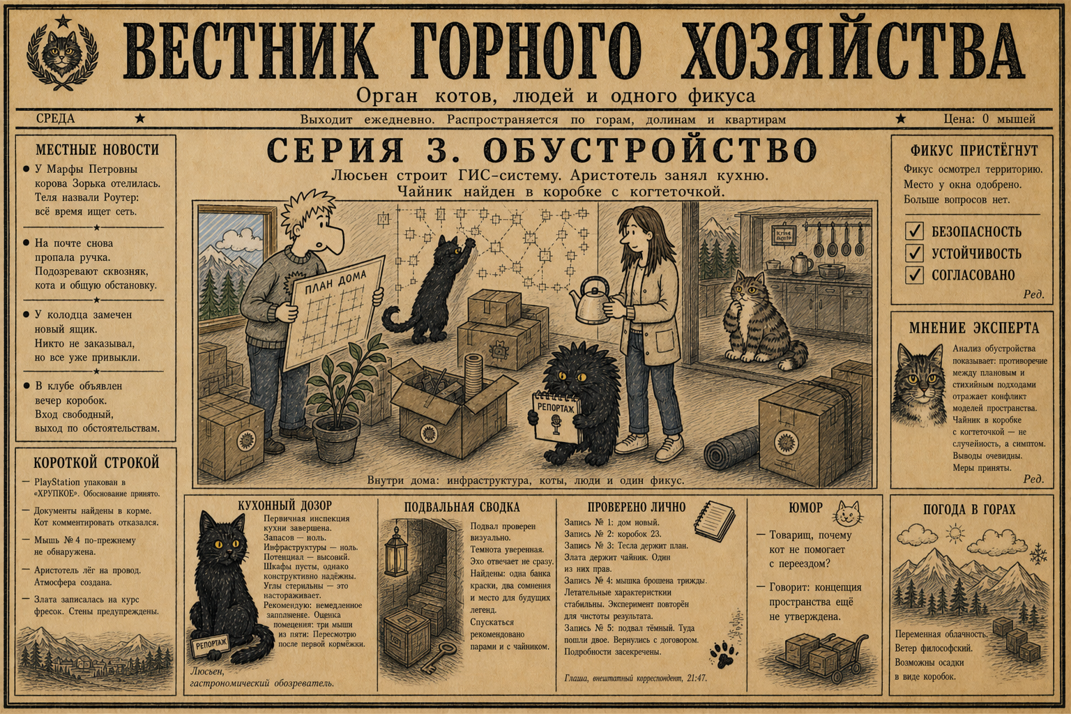 Первая полоса «Вестника горного хозяйства»: заголовок «Серия 3. Обустройство», анонс «Люсьен строит ГИС-систему. Аристотель занял кухню. Чайник найден в коробке с когтеточкой»; вокруг — колонки местных новостей, кухонный дозор и прогноз погоды в горах.