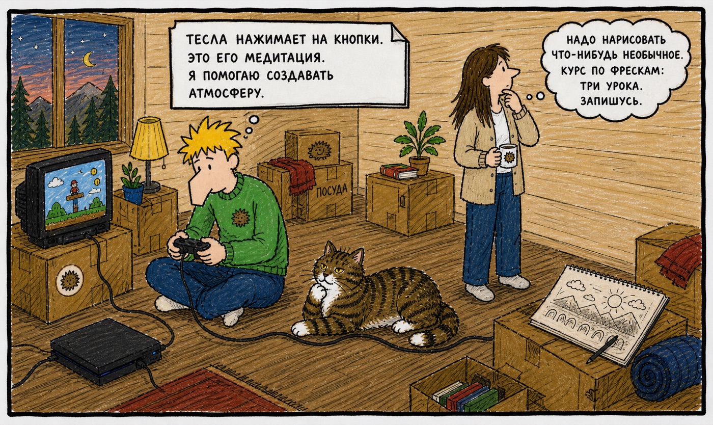Вечер: парень играет в приставку, Аристотель рядом — «Тесла нажимает на кнопки. Это его медитация. Я помогаю создавать атмосферу»; девушка решает записаться на курс по фрескам.
