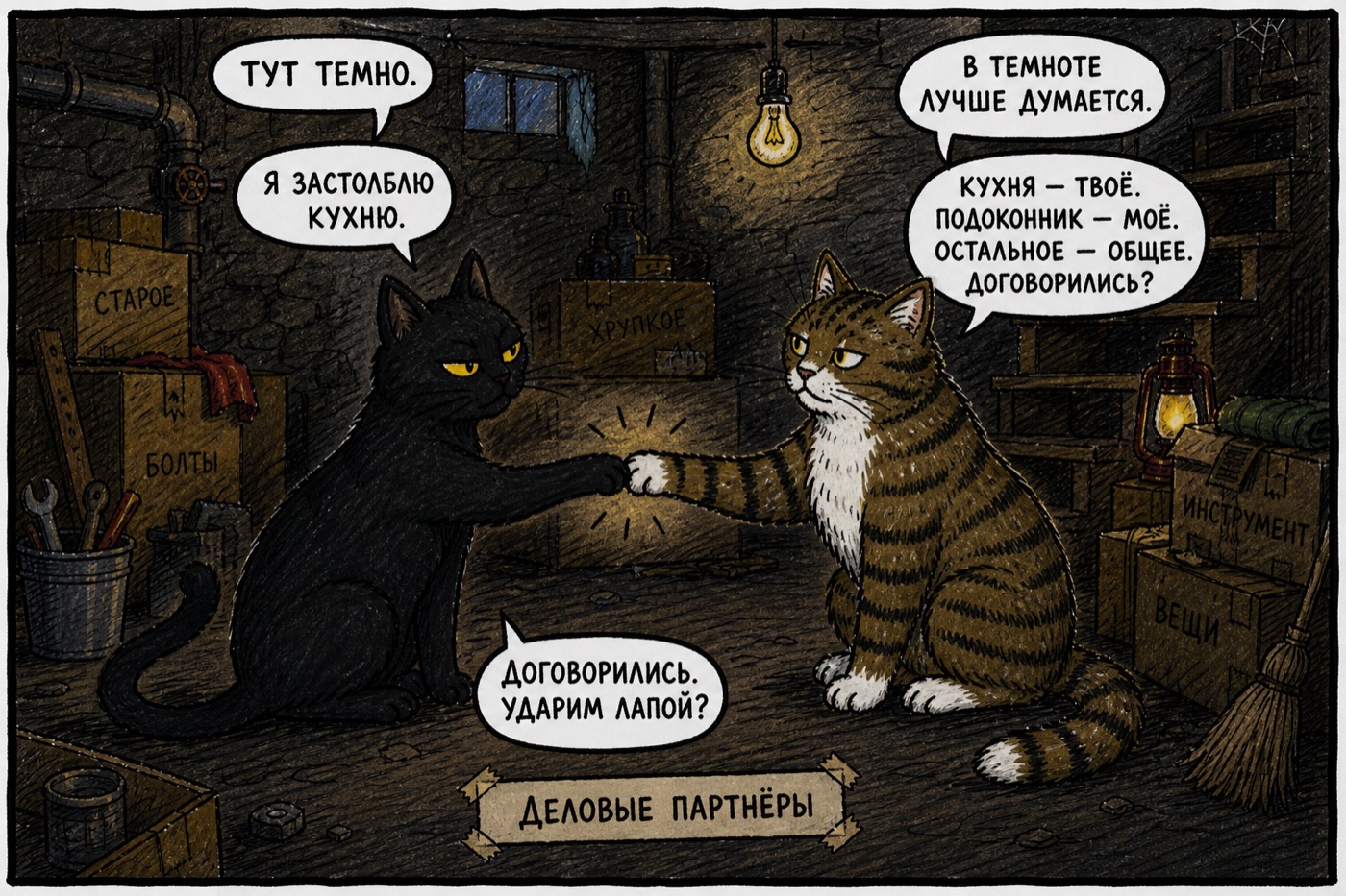 Подвал, табличка «Деловые партнёры»: Люсьен и Аристотель жмут лапы — «Кухня — твоё. Подоконник — моё. Остальное — общее. Договорились? Ударим лапой?»