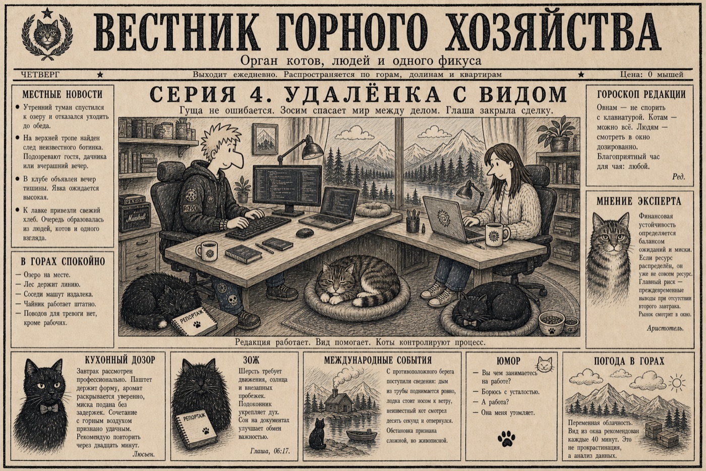 Первая полоса «Вестника горного хозяйства»: заголовок «Серия 4. Удалёнка с видом», анонс «Гуща не ошибается. Зосим спасает мир между делом. Глаша закрыла сделку»; вокруг — местные новости, гороскоп редакции, кухонный дозор и погода в горах.