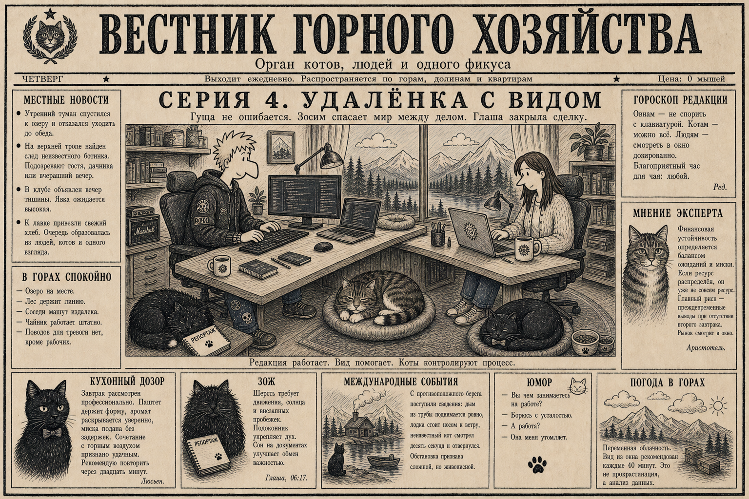 Первая полоса «Вестника горного хозяйства»: заголовок «Серия 4. Удалёнка с видом», анонс «Гуща не ошибается. Зосим спасает мир между делом. Глаша закрыла сделку»; вокруг — местные новости, гороскоп редакции, кухонный дозор и погода в горах.