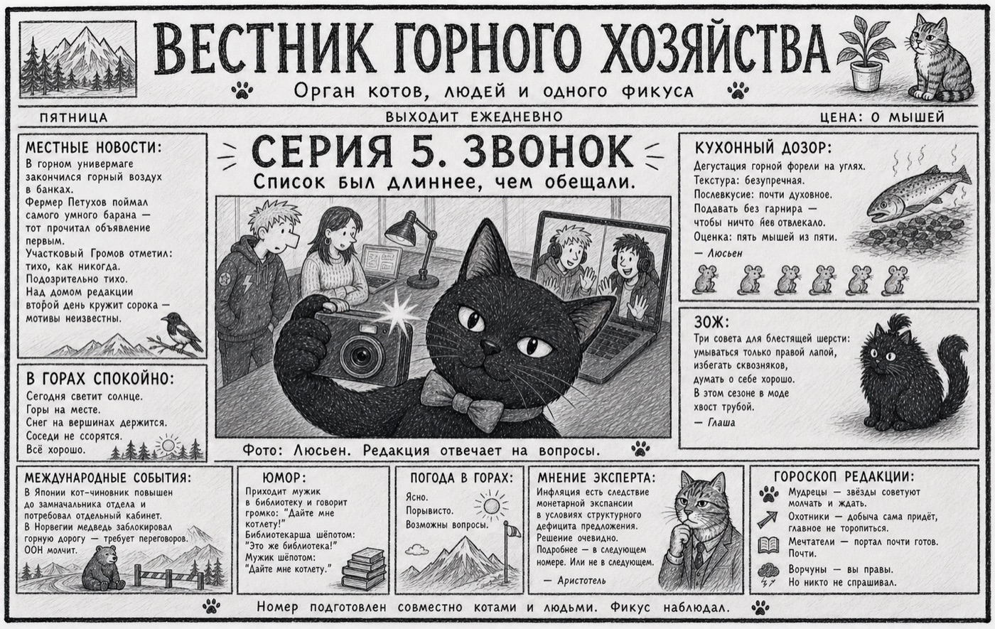 Первая полоса «Вестника горного хозяйства»: заголовок «Серия 5. Звонок», подпись «Список был длиннее, чем обещали»; в центре чёрный кот Люсьен у фотоаппарата перед ноутбуком с участниками видеозвонка; вокруг — местные новости, кухонный дозор, гороскоп редакции и погода в горах.