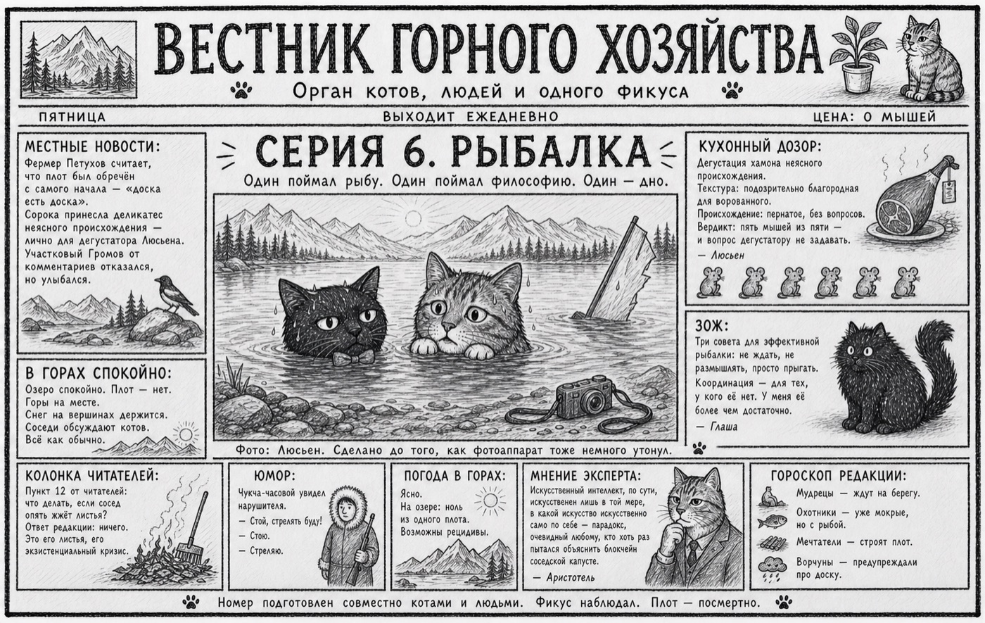 Первая полоса «Вестника горного хозяйства»: заголовок «Серия 6. Рыбалка», подпись «Один поймал рыбу. Один поймал философию. Один — дно.»; в центре чёрный кот Люсьен с красной бабочкой, рядом плот с парусом; вокруг — местные новости, кухонный дозор, гороскоп редакции и погода в горах.