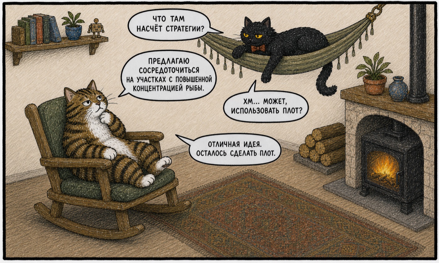 Продолжение военного совета: коты увлечённо рассуждают о будущем плоте и величии замысла, рисуя планы; дело пока не сдвинулось дальше разговоров.