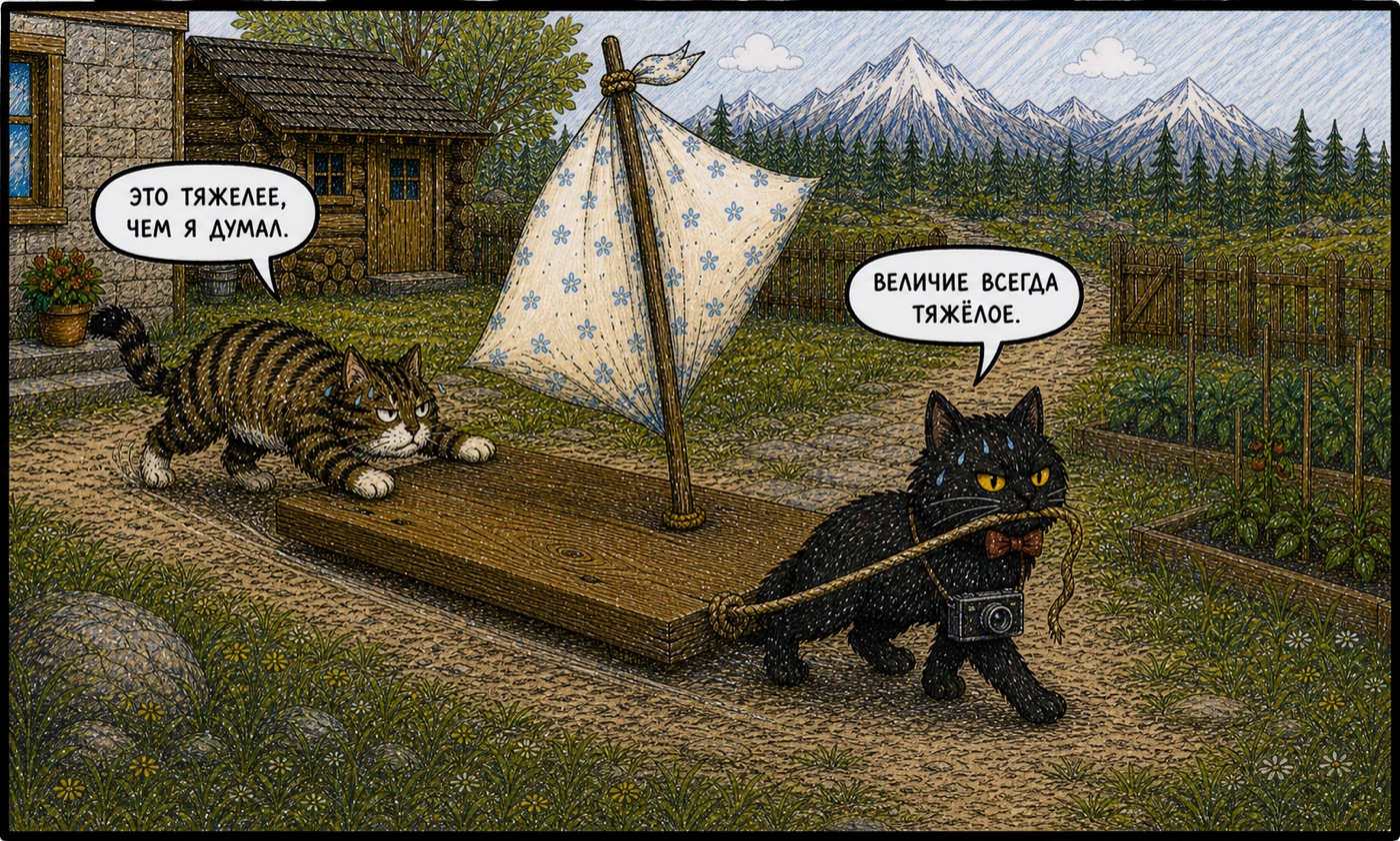 Коты волокут готовый плот во двор — «ЭТО ТЯЖЕЛЕЕ, ЧЕМ Я ДУМАЛ». / «ВЕЛИЧИЕ ВСЕГДА ТЯЖЁЛОЕ». Люсьен и Аристотель пыхтят, паренёк в цветочек на парусе колышется.