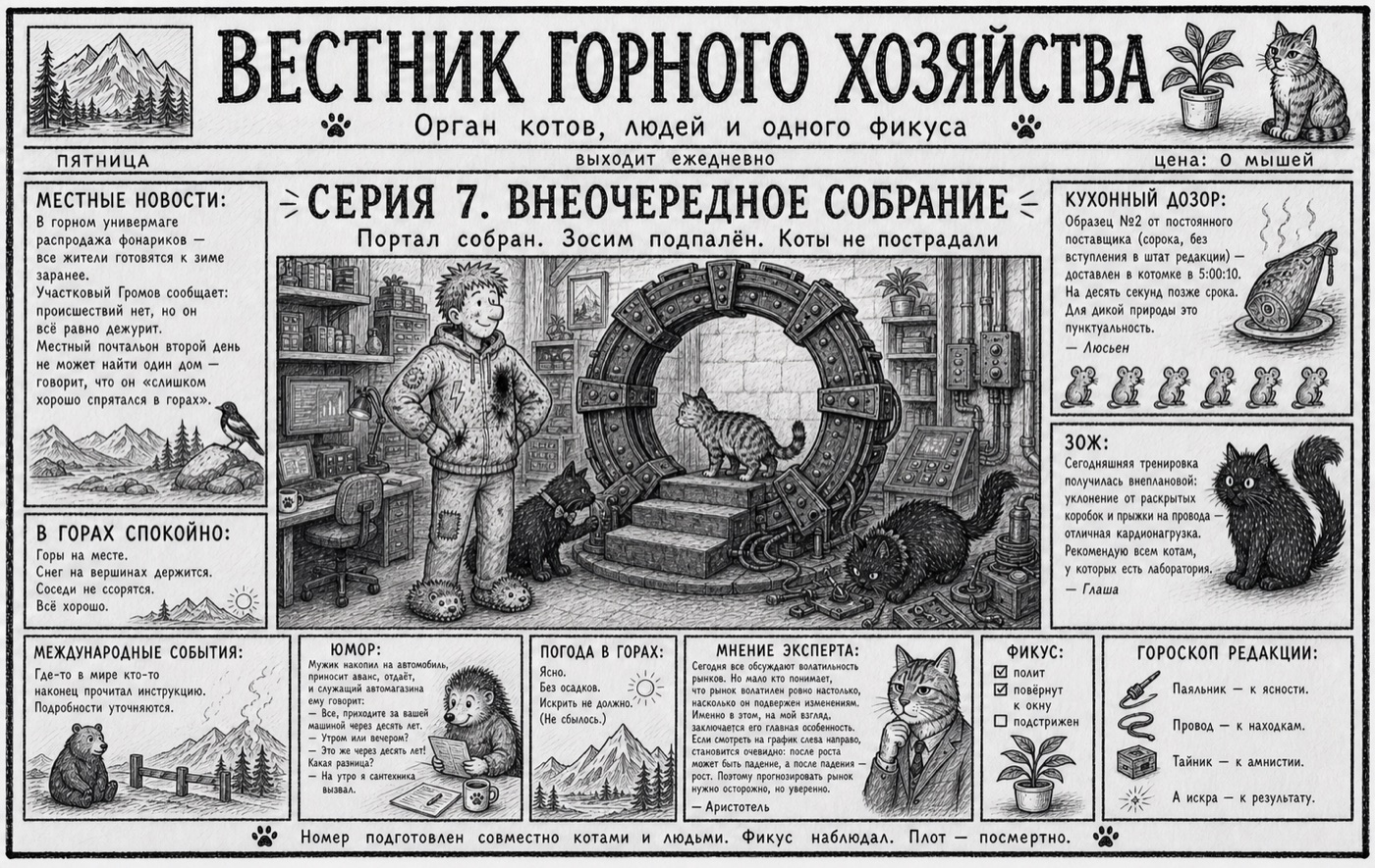 Первая полоса «Вестника горного хозяйства»: заголовок «Серия 7. Внеочередное собрание», подпись «Портал собран. Зосим подпалён. Коты не пострадали»; в центре Зосим в подпалённой толстовке у портала из металлических сегментов, на ступеньках полосатый Аристотель, рядом чёрные Люсьен и Глаша; вокруг — местные новости, кухонный дозор, ЗОЖ от Глаши, мнение эксперта о волатильности рынков и гороскоп редакции.